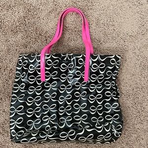 Kate Spade Tote Bag Black With White Bows Pink Handles Handbag
